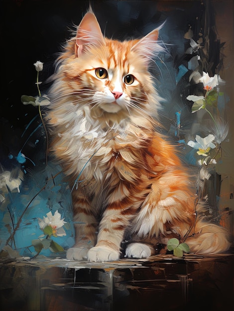 uma pintura de um gato com flores e um gato