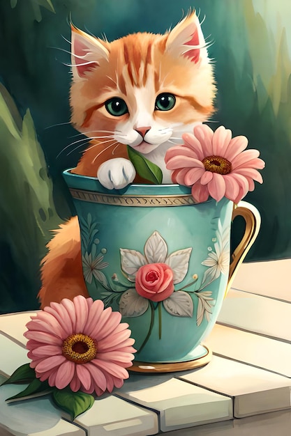 Uma pintura de um gato com flores nele