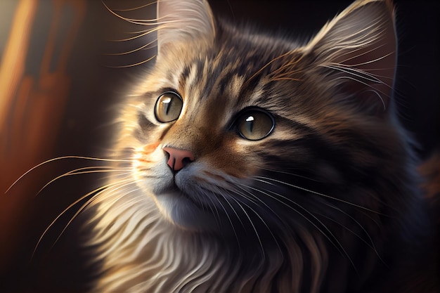 Uma pintura de um gato com fundo escuro e olhos amarelos.