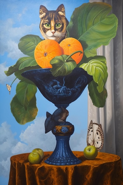 Foto uma pintura de um gato com laranjas em um vaso.