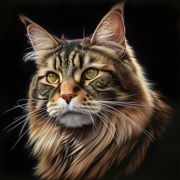 Uma pintura de um gato com longos bigodes e um fundo preto.