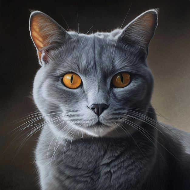 Uma pintura de um gato com olhos amarelos e fundo escuro.