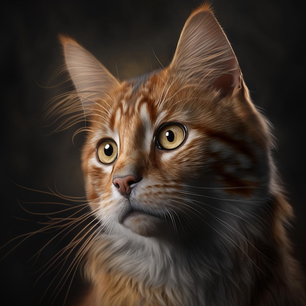 Uma pintura de um gato com olhos amarelos e fundo escuro.