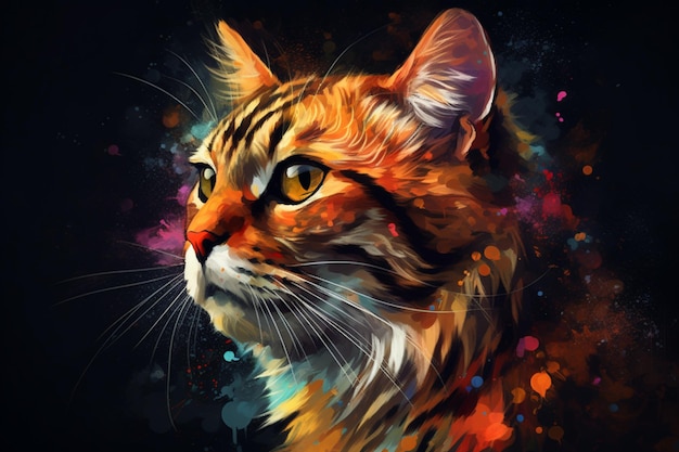 Uma pintura de um gato com olhos amarelos e fundo preto.