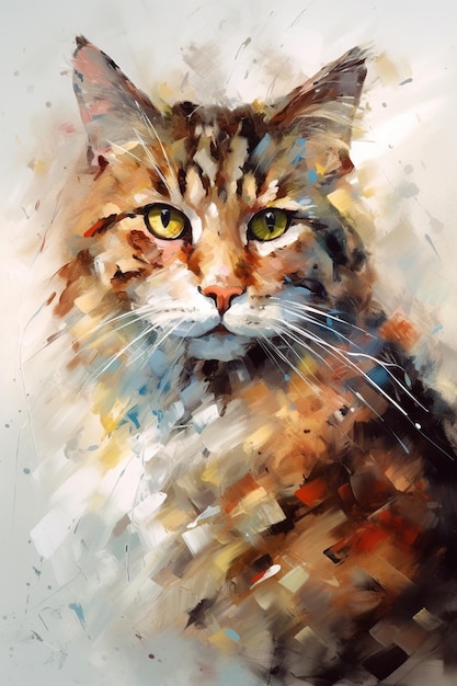 Uma pintura de um gato com olhos amarelos e fundo preto.