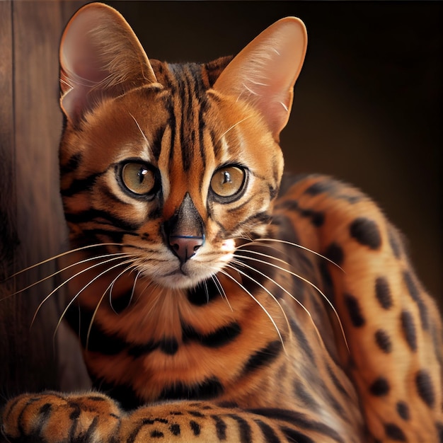 Uma pintura de um gato com olhos amarelos e manchas pretas.