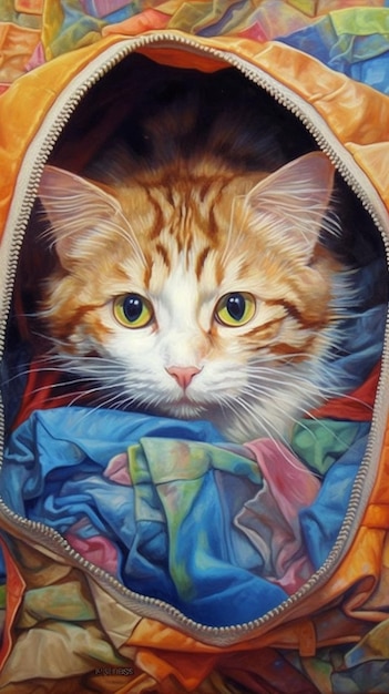 Uma pintura de um gato com olhos amarelos e uma camisa azul por dentro.