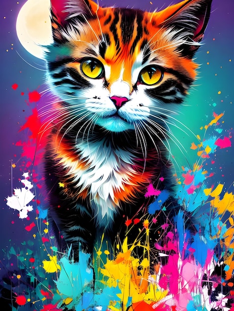 Uma pintura de um gato com olhos amarelos e uma lua no rosto.