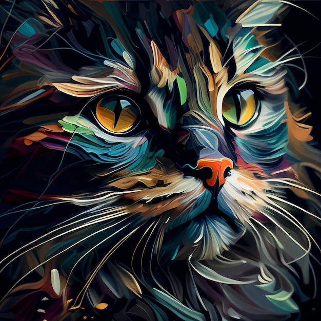 Uma pintura de um gato com olhos amarelos.