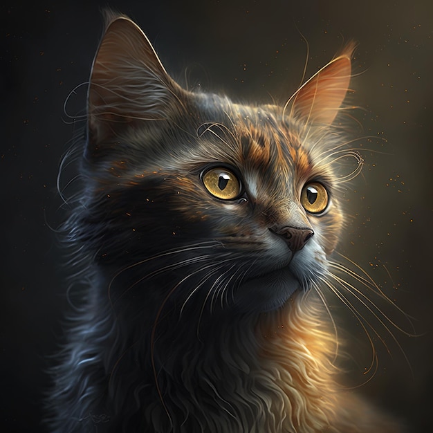 Uma pintura de um gato com olhos amarelos