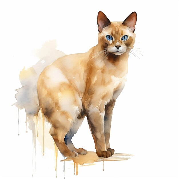 Uma pintura de um gato com olhos azuis e fundo branco.