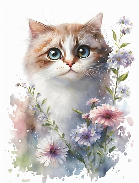 Uma pintura de um gato com olhos azuis e rosto branco.