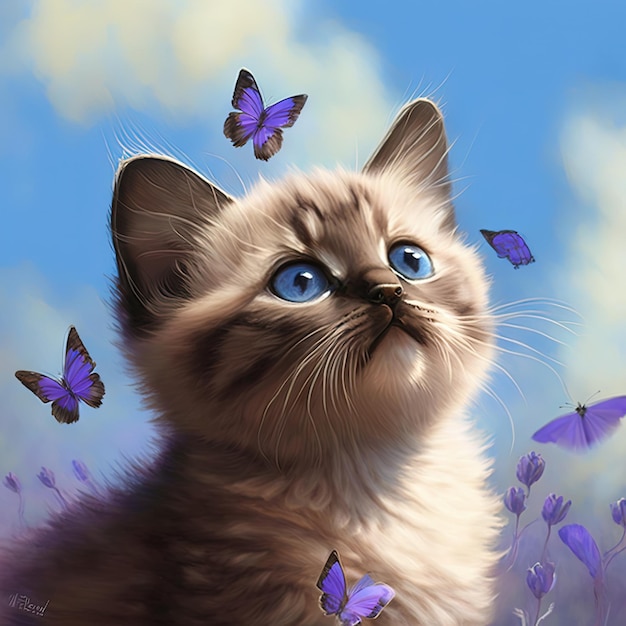 Uma pintura de um gato com olhos azuis e um céu azul com borboletas nele.