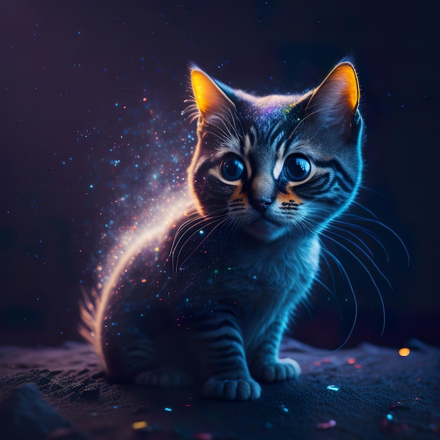Uma pintura de um gato com olhos azuis e um fundo preto.
