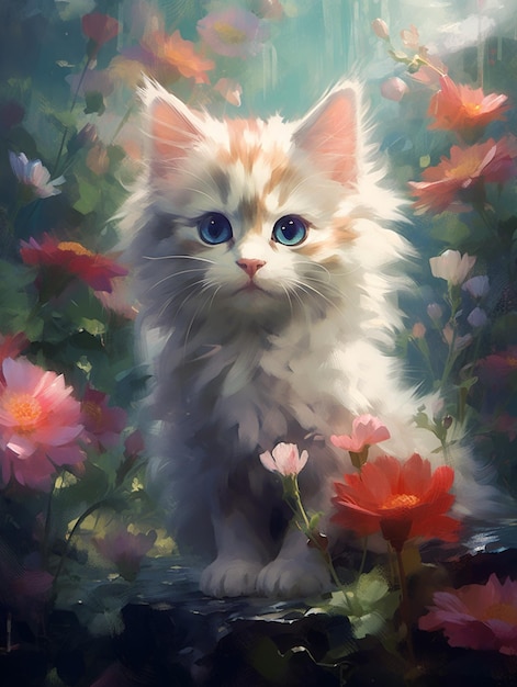 Uma pintura de um gato com olhos azuis está em um campo de flores.