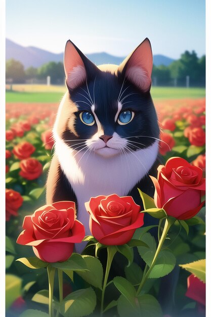 Uma pintura de um gato com olhos azuis está em um campo de rosas.