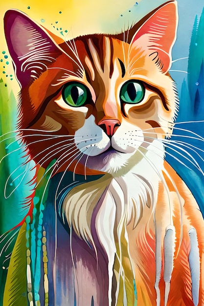 Uma pintura de um gato com olhos verdes e fundo azul.