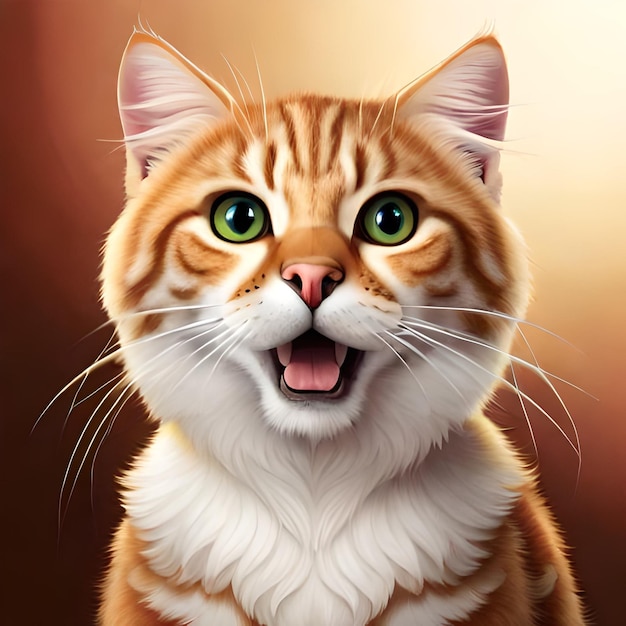 Uma pintura de um gato com olhos verdes e fundo marrom.