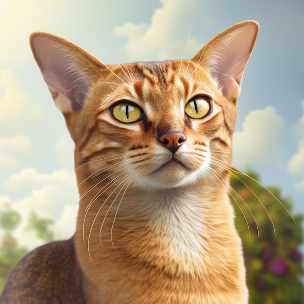 Uma pintura de um gato com olhos verdes e um céu azul ao fundo.