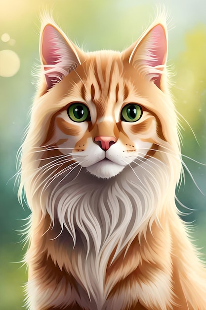 Uma pintura de um gato com olhos verdes.