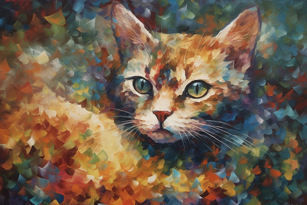 Uma pintura de um gato com olhos verdes