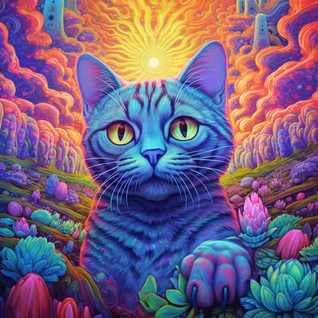 Uma pintura de um gato com um castelo ao fundo.