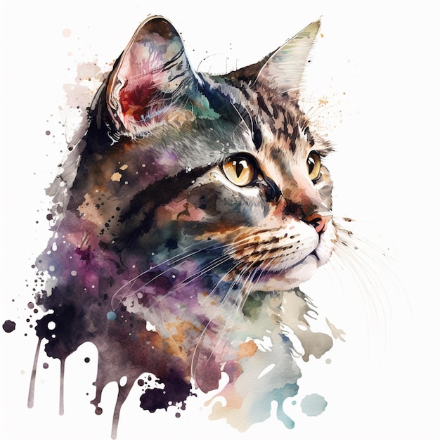 Uma pintura de um gato com um fundo azul e laranja.