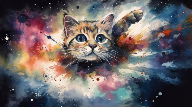 Uma pintura de um gato com um fundo de nebulosa.