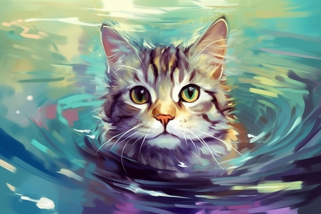 Uma pintura de um gato com um olho amarelo e um corpo listrado preto e branco.