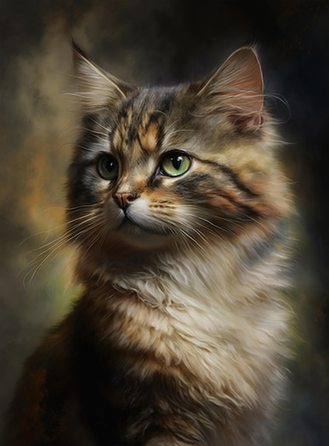 Uma pintura de um gato com um olho verde e um fundo marrom.