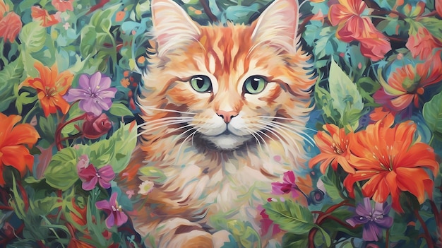 Uma pintura de um gato com um olho verde e uma cauda amarela e laranja.