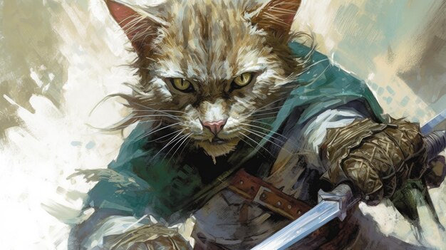 Uma pintura de um gato com uma espada na mão