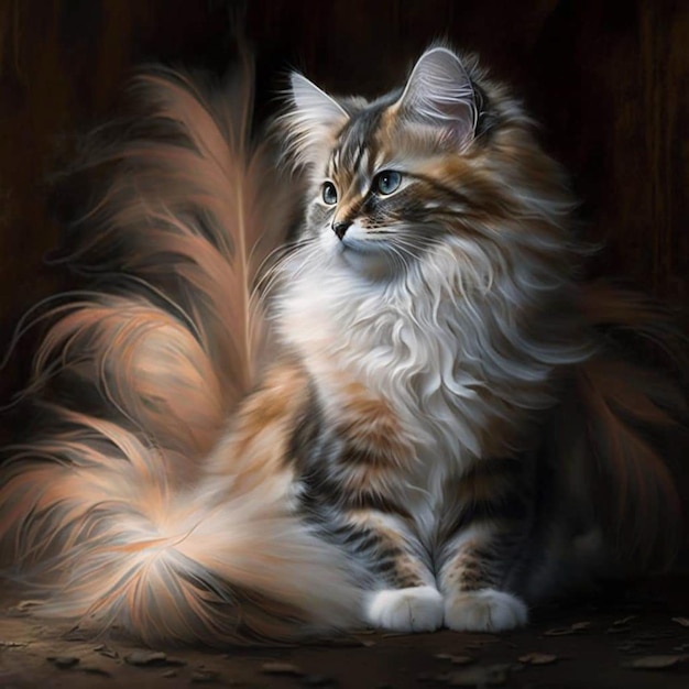 Uma pintura de um gato com uma longa cauda