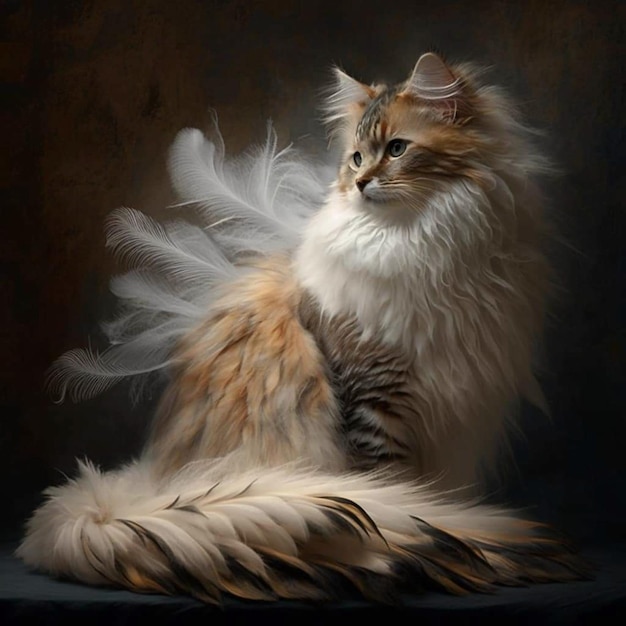 Uma pintura de um gato com uma pena na cauda.