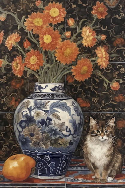 Uma pintura de um gato e um vaso com flores de laranjeira.