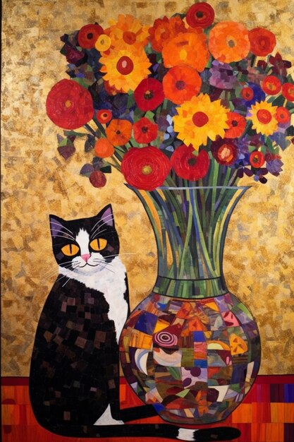 Uma pintura de um gato e um vaso de flores estão sobre um fundo dourado.