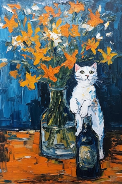 Uma pintura de um gato e um vaso de flores estão sobre uma mesa.