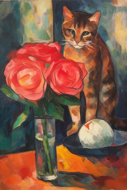 Uma pintura de um gato e um vaso de flores