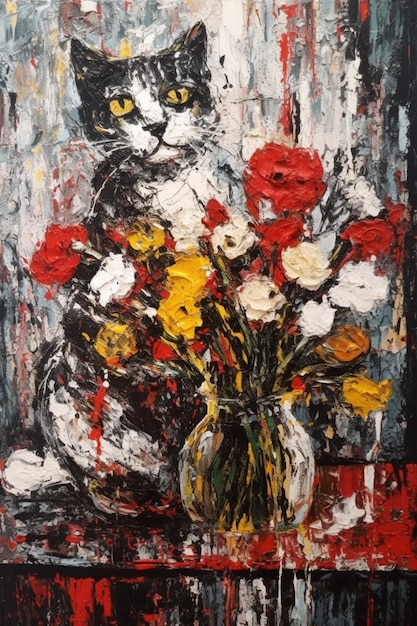 Uma pintura de um gato e um vaso de flores.