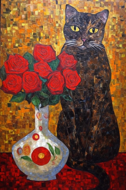 Uma pintura de um gato e um vaso de rosas estão sobre uma mesa.