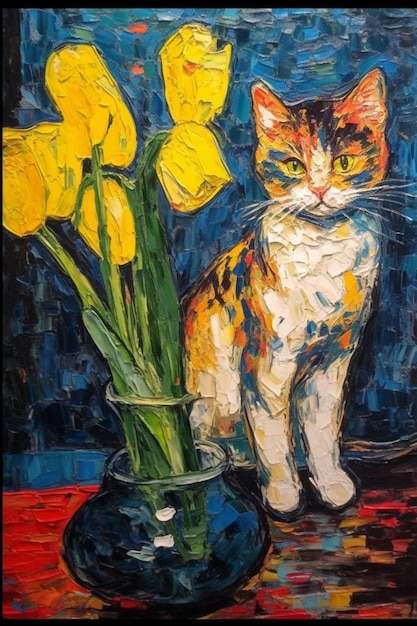 Uma pintura de um gato e um vaso de tulipas amarelas.