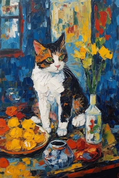 Uma pintura de um gato e uma garrafa de laranjas.