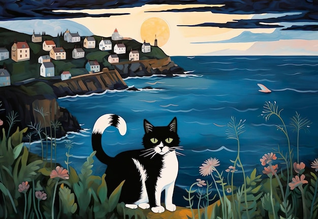 Uma pintura de um gato em um penhasco com casas no fundo ilustração esboço de pintura