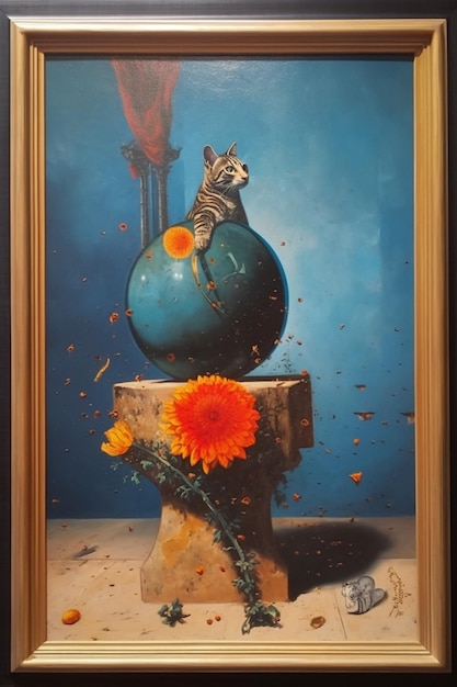 Uma pintura de um gato em um vaso com flores