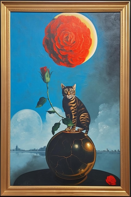 Uma pintura de um gato em um vaso com uma rosa ao fundo.