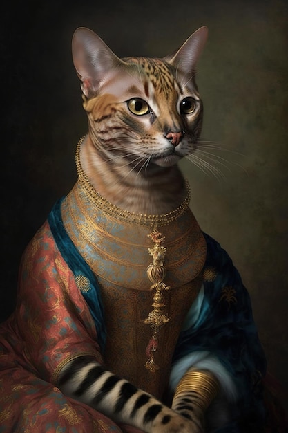 Uma pintura de um gato em um vestido