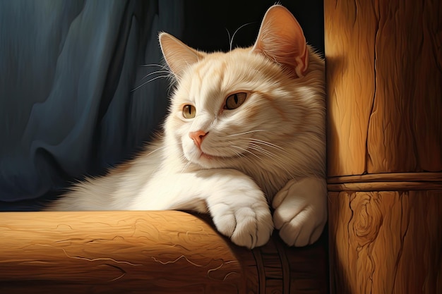 Uma pintura de um gato em uma cadeira com uma cortina azul ao fundo.