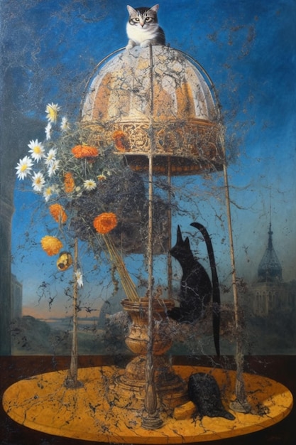 Uma pintura de um gato em uma gaiola com flores nele.