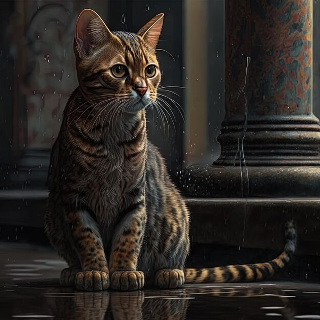 Uma pintura de um gato em uma poça d'água