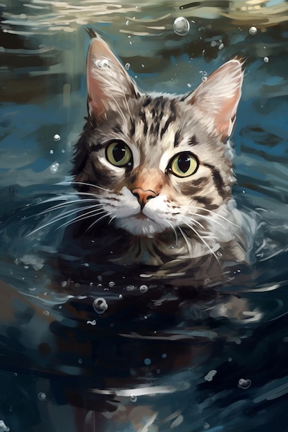 Uma pintura de um gato na água com o título "gato" na parte inferior.